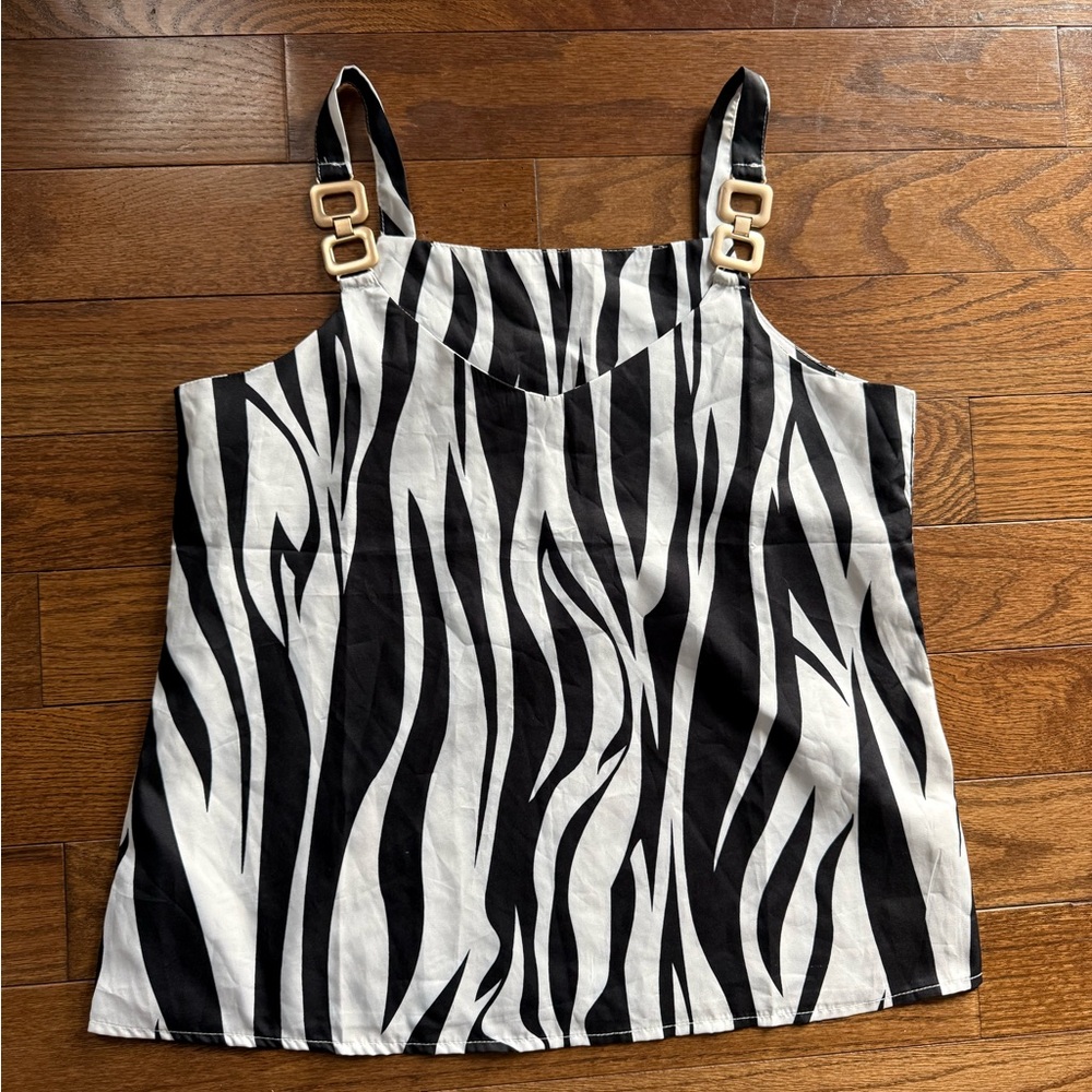 Zebra Print Sleeveless Tank Top with Gold Buckle Straps